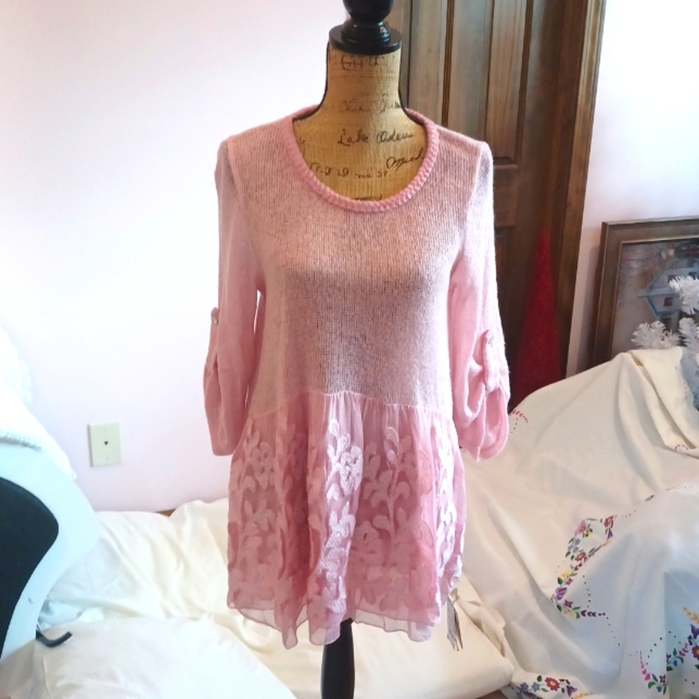 Women's Mohair Pink Lace Hem Tunic Sweater